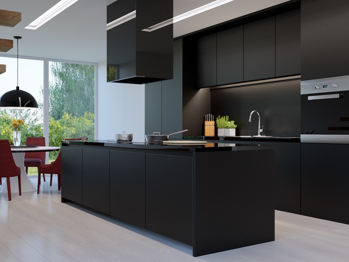 Zwarte keuken met een zwart keukenblad